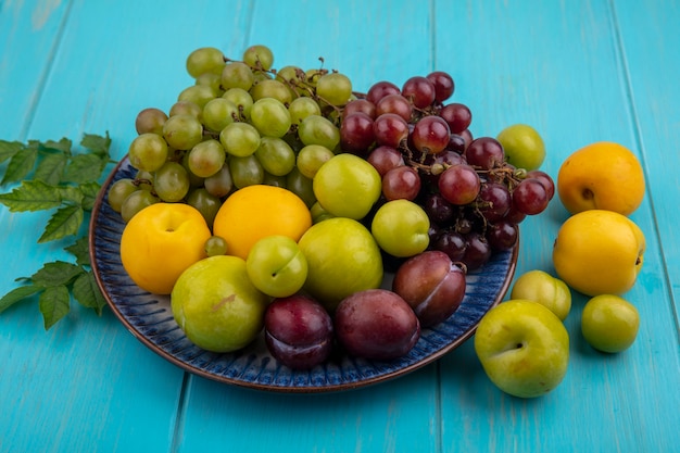 Widok Z Boku Owoców Jako Pluots Nectacots śliwki I Winogrona W Płycie I Na Niebieskim Tle