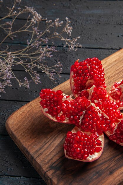 Widok z boku szczegółu pigułki granatu i gałęzie pigułki granatu na płycie kuchennej obok gałęzi drzew na ciemnym tle