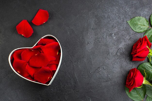 Widok z góry czerwone róże z pudełkiem pełnym płatków róż na walentynki na ciemnym tle kobieta serce kolor pasja para uczucie miłości