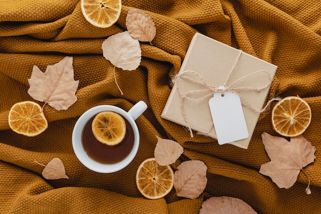 Bezpłatne zdjęcie widok z góry herbata i suszone plasterki cytryny w pudełku prezentowym