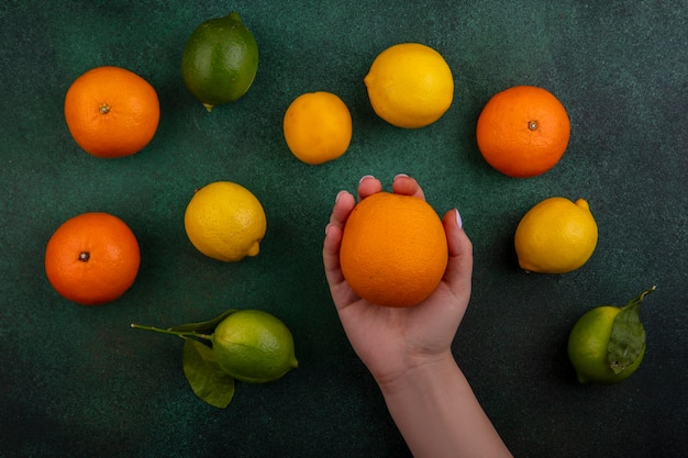 Widok Z Góry Kobieta Trzyma Pomarańczę Z Cytrynami I Limonkami Na Zielonym Tle