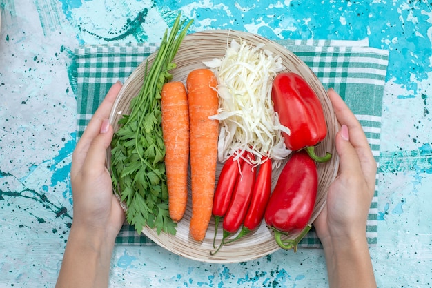 Widok z góry kompozycja warzyw kapusta marchew zielenie i czerwona ostra papryka na jasnoniebieskim stole posiłek warzywny zdrowy kolor