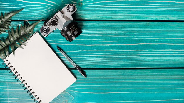 Widok z góry liści paproci; aparat fotograficzny; spiralny notatnik i długopis na turkusowym tle drewnianych