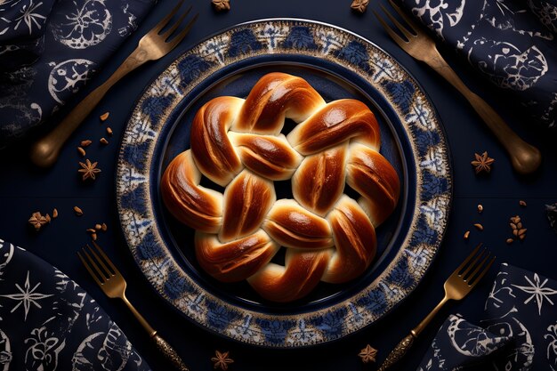 Widok z góry na danie challah na Chanukę