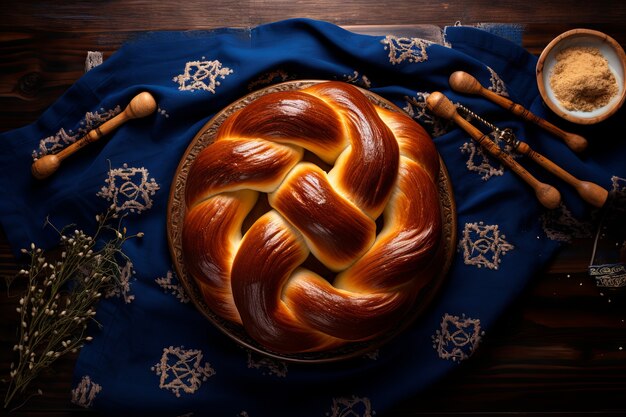 Widok z góry na danie challah na Chanukę
