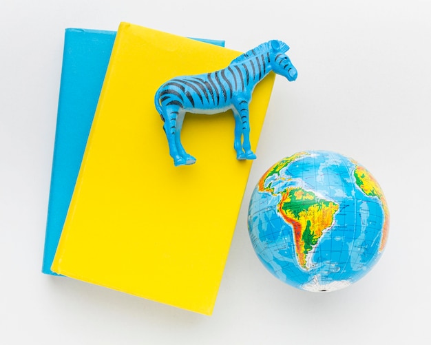 Bezpłatne zdjęcie widok z góry na książkę z figurką zebry i planetą ziemię na dzień zwierząt
