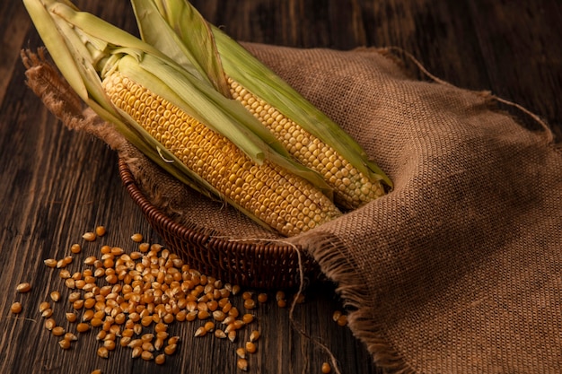 Bezpłatne zdjęcie widok z góry organicznych świeżych odcisków z włosami na wiadrze worek z jąder na białym tle na drewnianym stole