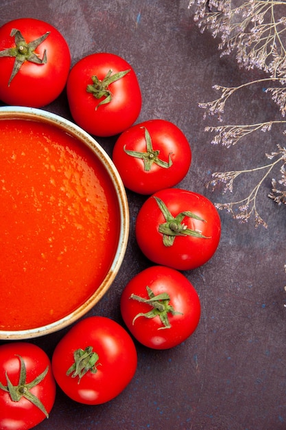 Bezpłatne zdjęcie widok z góry pyszna zupa pomidorowa otoczona świeżymi czerwonymi pomidorami na ciemnym tle sos do dania zupy pomidorowej