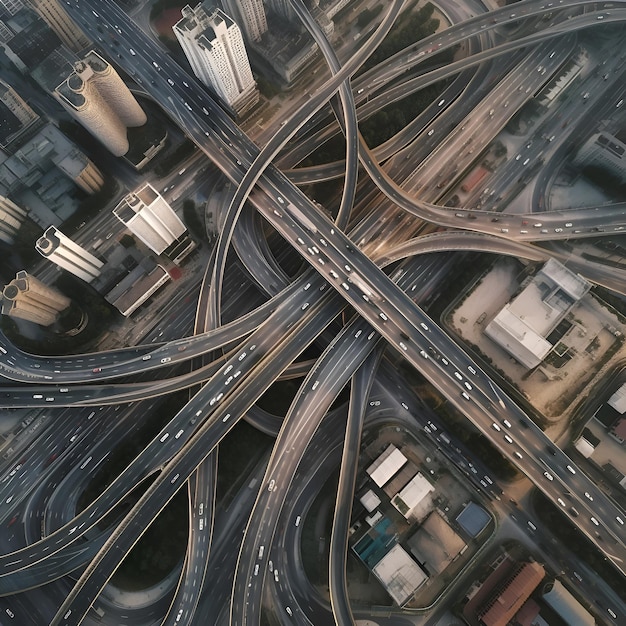 Widok z góry skrzyżowania autostrady z samochodami, drogami i budynkami