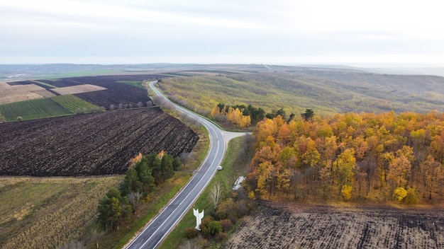 Widok z lotu ptaka drona przyrody w Mołdawii, obsiane pola, droga, częściowo pożółkłe drzewa, wzgórza, zachmurzone niebo