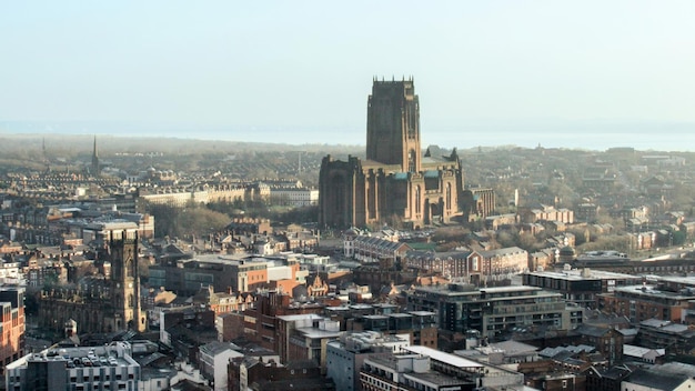 Widok z lotu ptaka na Liverpool z punktu widokowego Wielka Brytania Stare budynki i gołe drzewa