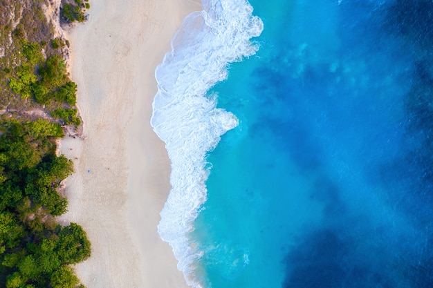 Widok z lotu ptaka na plażę Kelingking na wyspie Nusa Penida, Bali w Indonezji