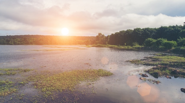 Widok z lotu ptaka pięknego jeziora, błękitne niebo, zielony las. Koncepcja naturalna.