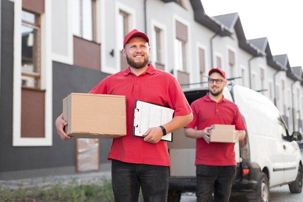 Widok z przodu dostawy człowieka z packagaes