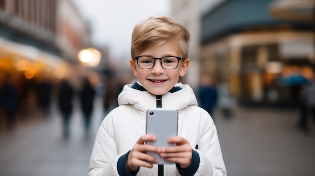Bezpłatne zdjęcie widok z przodu dziecko ze smartfonem na zewnątrz
