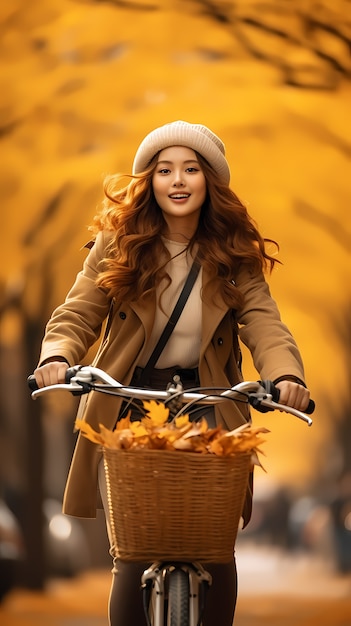 Bezpłatne zdjęcie widok z przodu kobieta jedzie na rowerze na świeżym powietrzu