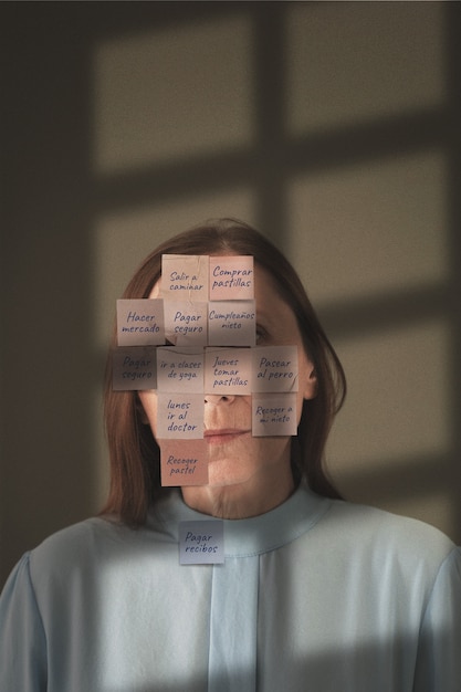 Bezpłatne zdjęcie widok z przodu kobieta pozuje z notatkami na twarzy