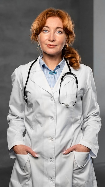 Widok z przodu kobiety lekarza ze stetoskopem, pozowanie z rękami w kieszeniach