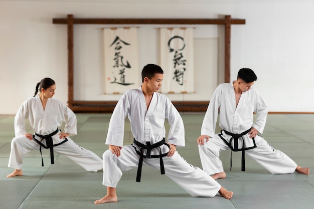 Bezpłatne zdjęcie widok z przodu ludzi ćwiczących taekwondo