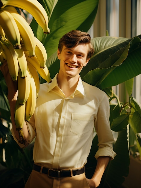 Bezpłatne zdjęcie widok z przodu mężczyzna trzyma banany