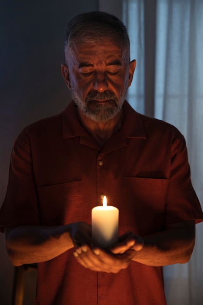 Bezpłatne zdjęcie widok z przodu mężczyzna trzymający świecę