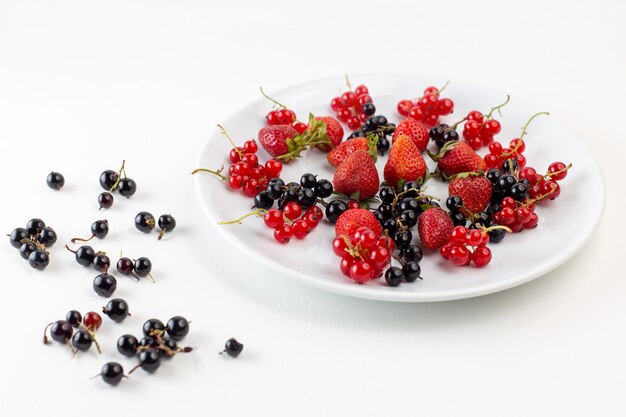 Widok z przodu płyty z truskawkami świeże i łagodne z bluberries na białej powierzchni