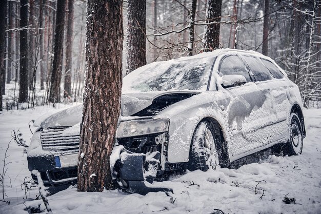 Widok z przodu samochodu wpadł w poślizg i uderzył w drzewo na zaśnieżonej drodze.