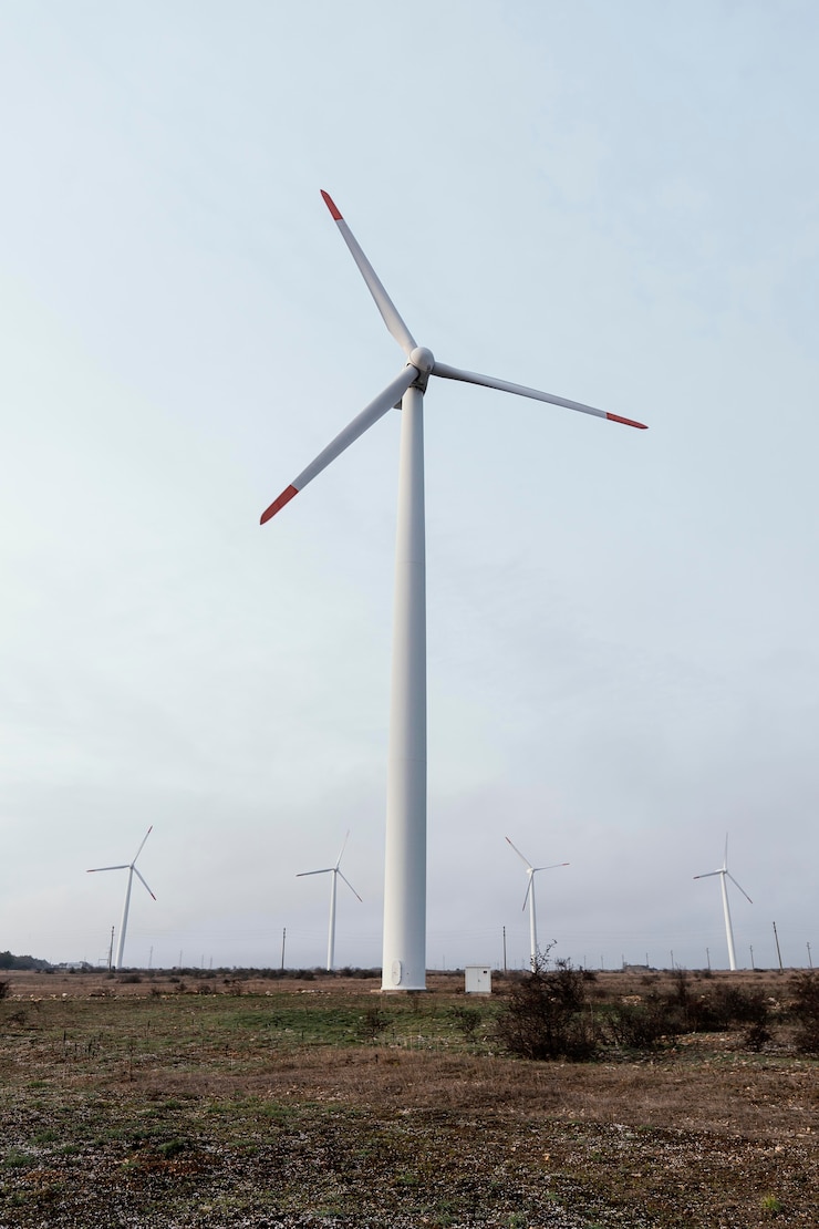 Bezpłatny plik Zdjęcie widok z przodu turbiny wiatrowej w polu wytwarzania energii