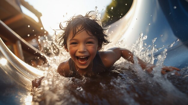 Widok z przodu uśmiechnięty chłopiec w parku wodnym