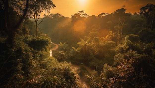 Bezpłatne zdjęcie widok zachodu słońca na dżunglę z rzeką na pierwszym planie i lasem w tle.