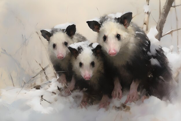 Widok zwierzęcia opossum w stylu sztuki cyfrowej ze śniegiem