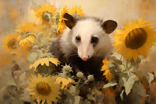 Bezpłatne zdjęcie widok zwierzęcia opossum z roślinnością w stylu sztuki cyfrowej
