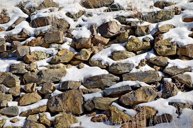 Wiele skał w różnych rozmiarach pokrytych śniegiem