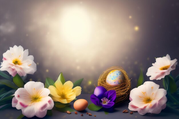 Wielkanocni jajka w gnieździe z kwiatami i błękitnym jajkiem