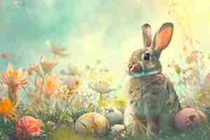 Bezpłatne zdjęcie wielkanocny królik na tle lasu z jajkami