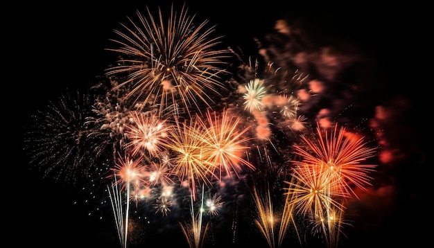 Bezpłatne zdjęcie wielobarwne fajerwerki eksplodujące w żywym świętowaniu generowanym przez sztuczną inteligencję