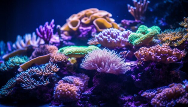 Wielobarwne ryby pływają wśród tętniącej życiem rafy koralowej generowanej przez sztuczną inteligencję