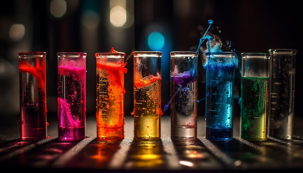 Wielobarwny kieliszek koktajlowy odzwierciedla żywe oświetlenie klubu nocnego generowane przez sztuczną inteligencję