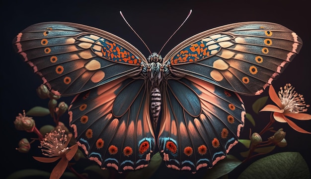 Bezpłatne zdjęcie wielobarwny motyl wyświetlający skomplikowany abstrakcyjny wzór generatywnej sztucznej inteligencji