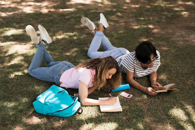 Wieloetniczne nastoletnie uczniów studiujących na trawie