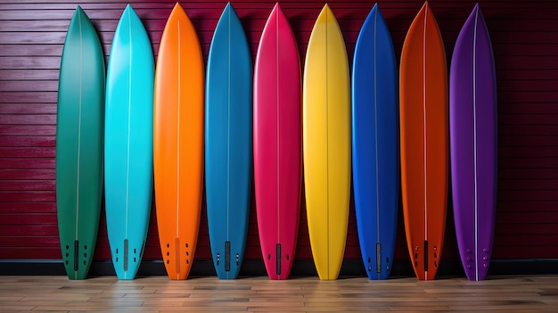 Bezpłatne zdjęcie wielokolorowa deska surfingowa opiera się o ścianę, gotowa na morskie przygody.