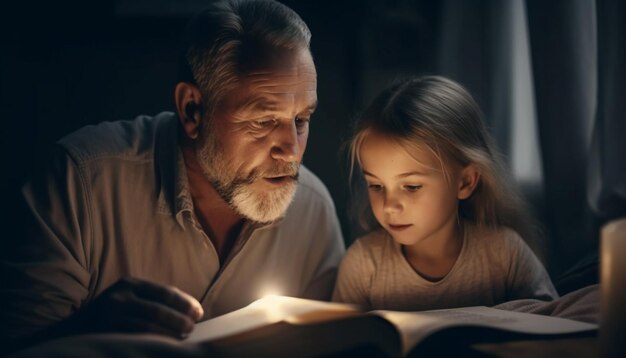 Wielopokoleniowa rodzina czytająca razem Biblię w nocy, wygenerowana przez sztuczną inteligencję