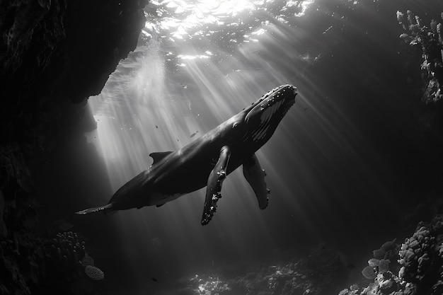 Bezpłatne zdjęcie wieloryb na wolności w czarno-białym