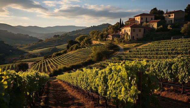 Winnica z rolnictwem i przyrodą, farma winogron, wiejska scena, krajobraz, wino, winiarnia, produkcja wina generowana przez sztuczną inteligencję