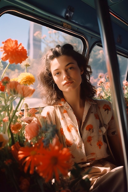 Bezpłatne zdjęcie wiosenny portret kobiety z kwitnącymi kwiatami