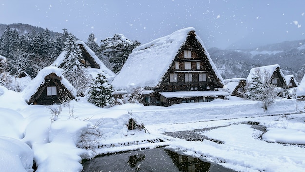 Wioska Shirakawago zimą, Japonia.