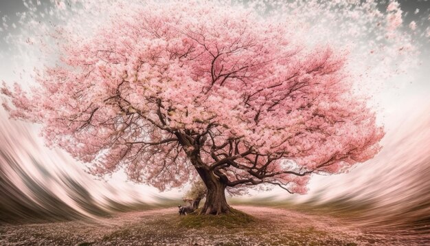 Wiśniowe drzewo w pełnym rozkwicie wiosennym wygenerowane przez AI