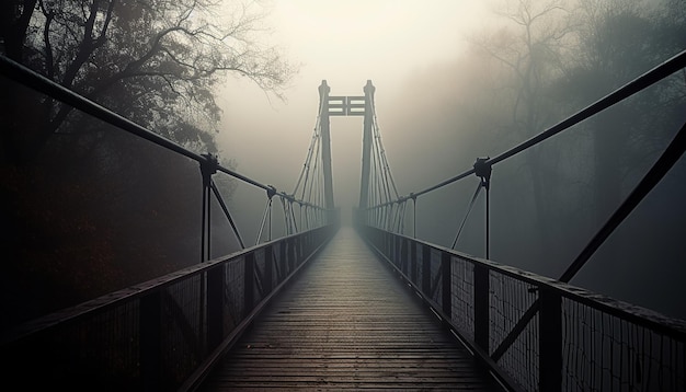 Wiszący most znikający w mglistym jesiennym lesie generowanym przez sztuczną inteligencję