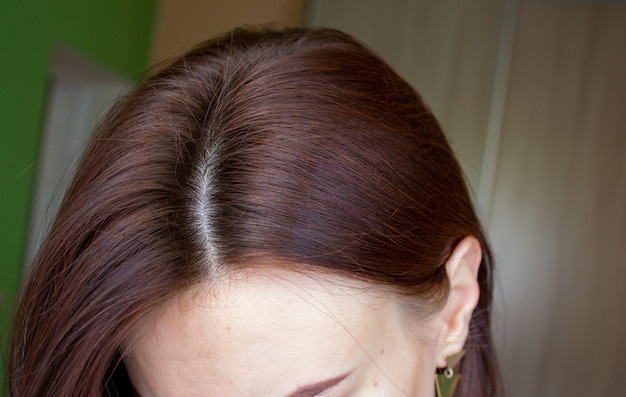 Włosy na kobiecej głowie z bliska. brązowy kolor włosów.