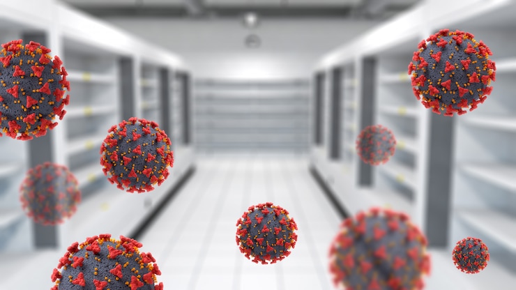 Bezpłatny plik Zdjęcie wnętrze 3d supermarketu z pustymi półkami i komórkami wirusa covid-19